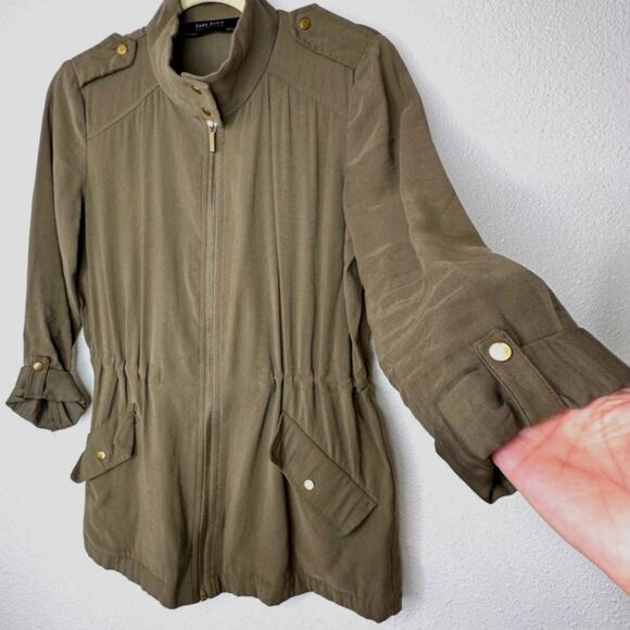 Zara Olive Green 3/4 Cuffed Sleeve Collared Zip Cinch Waist Jacket XS - Picture 1 of 13